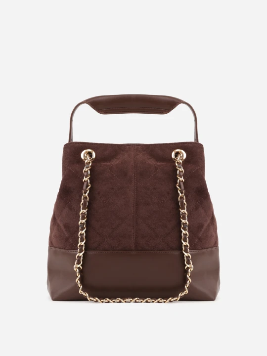 Zdjęcie produktu Brązowa Torebka Bucket Bag z Przeszyciami w Romby z Rączką i Uchwytami z Łańcuszkiem Denidora Caely