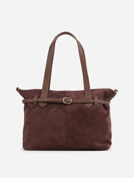 Zdjęcie produktu Brązowa Torebka Shopperka z Imitacji Zamszu z Eleganckim Paskiem z Klamerką Ludrey Caely