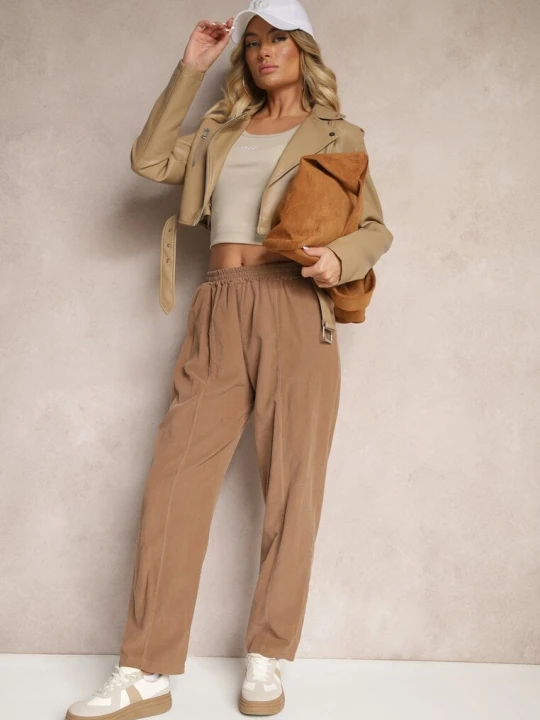 Zdjęcie produktu Brązowe Bawełniane Spodnie High Waist w Klasycznym Stylu Arivora Palma