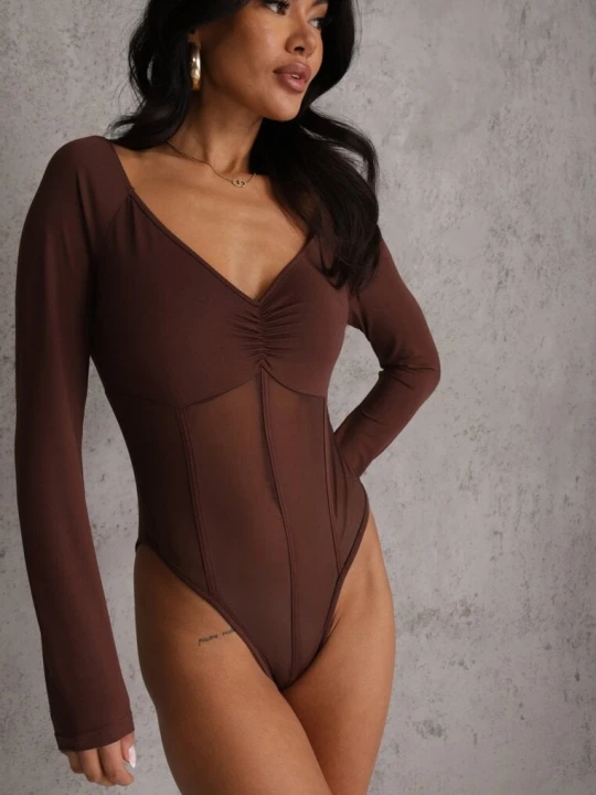 Zdjęcie produktu Brązowe Body Vices o Fasonie Longsleeve z Dekoltem w Kształcie V Asstre