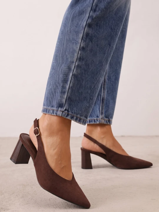 Zdjęcie produktu Brązowe Czółenka Slingback o Fakturze Zamszu na Słupkowym Obcasie Facena Joalice Paris