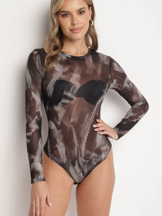 Zdjęcie produktu Brązowe Dopasowane Body Longsleeve z Siateczkowego Materiału z Wiskozą Listaria By Swan