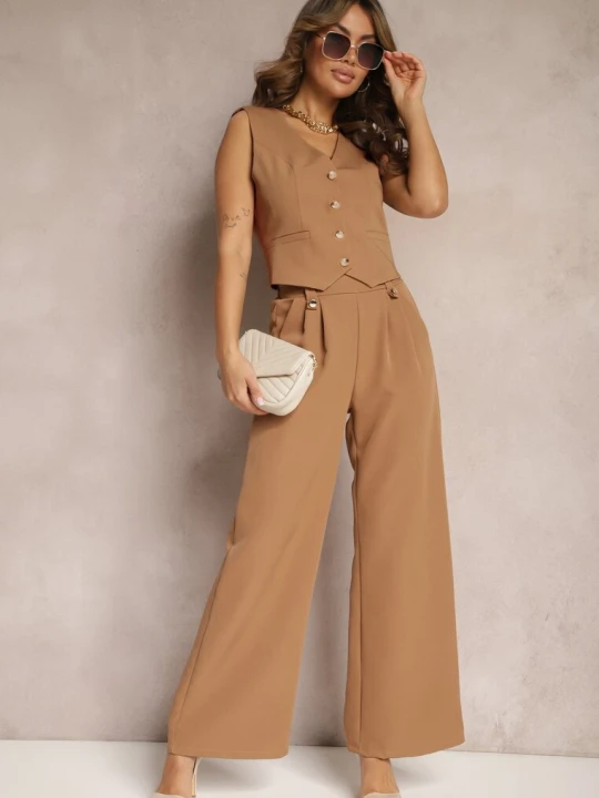 Zdjęcie produktu Brązowe Eleganckie Spodnie Dzwony z Ozdobnymi Patkami w Pasie Nattas Lily Rose