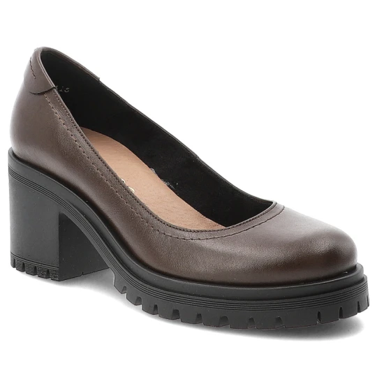 Zdjęcie produktu Półbuty damskie Armodo, eleganckie na klocku skórzane z okrągłym noskiem i wsuwane, czekoladowe, 20194-S brązowy