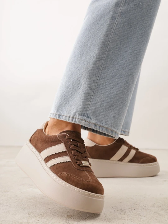 Zdjęcie produktu Brązowe Skórzane Sneakersy na Grubej Podeszwie z Geometrycznym Wzorem Rivimi Goodin