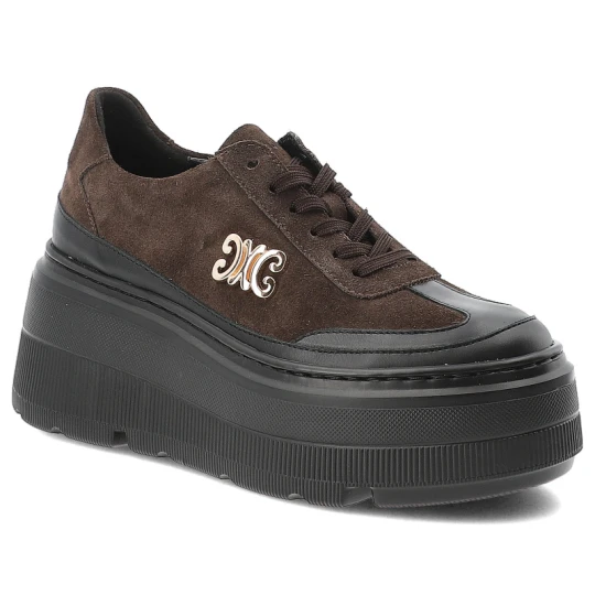 Zdjęcie produktu Sneakersy damskie Armodo, skórzane zamszowe na wysokiej platformie z miękkimi wkładkami, czekoladowo-czarne, N1233-340-1007 brązowy
