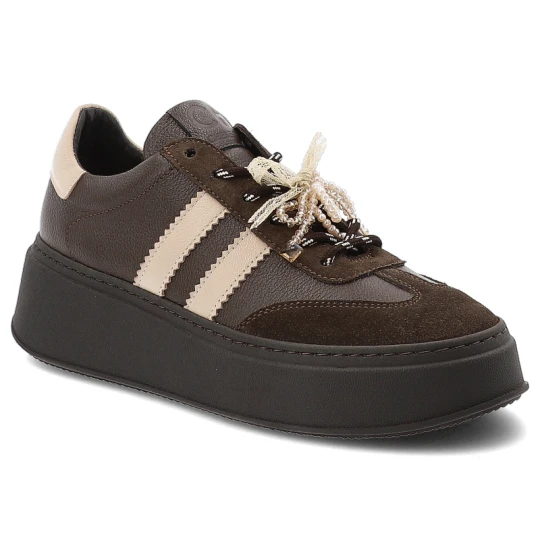 Zdjęcie produktu Sneakersy damskie Chebello, skórzane licowe na platformie z ozdobą sznurowane z okrągłym noskiem, brązowe, 4805-268-507