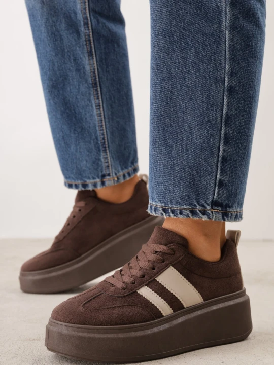 Zdjęcie produktu Brązowe Sneakersy Klasyczne Tenisówki na Grubej Podeszwie z Koturnem Adessia Ideal