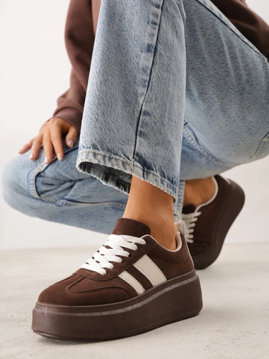 Zdjęcie produktu Brązowe Sneakersy Kultowe Tenisówki na Platformie z Koturnem Elisara Ideal