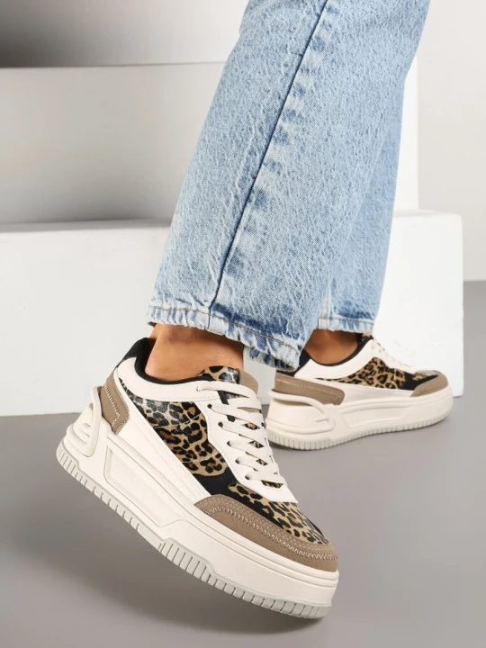 Zdjęcie produktu Beżowo-Brązowe Sneakersy na Grubej Platformie z Tłoczeniem Ozdobione Wzorem w Panterkę Deolithra Mulanka