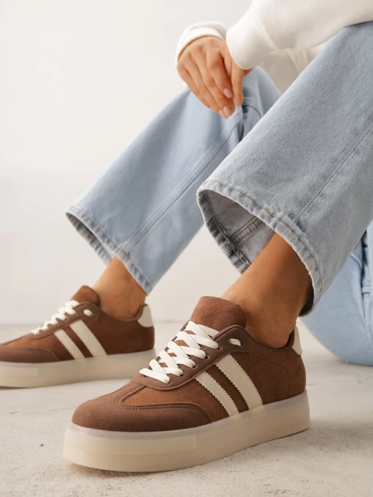 Zdjęcie produktu Brązowe Sneakersy na Platformie w Stylu Tenisówek Ozdobione Paskami Ladia Ideal