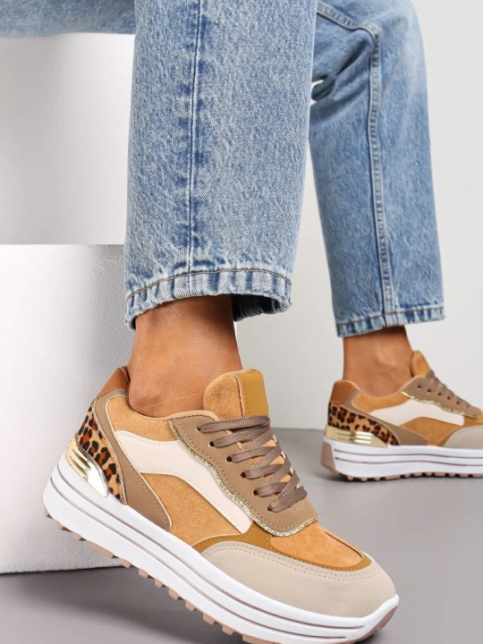Zdjęcie produktu Brązowe Sneakersy na Wysokiej Podeszwie z Błyszczącymi Wstawkami Lovana