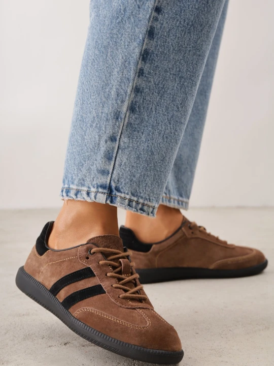 Zdjęcie produktu Brązowe Sneakersy Retro Tenisówki z Zamszu Naturalnego ze Skórzaną Wkładką Celarge Goodin