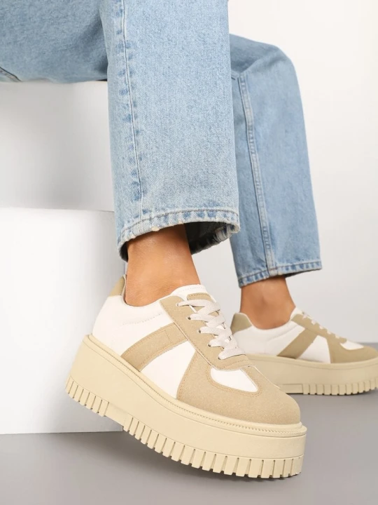 Zdjęcie produktu Ciemnobeżowe Sneakersy Typu Tenisówki na Żłobionej Platformie Lorreia Ideal Beżowy