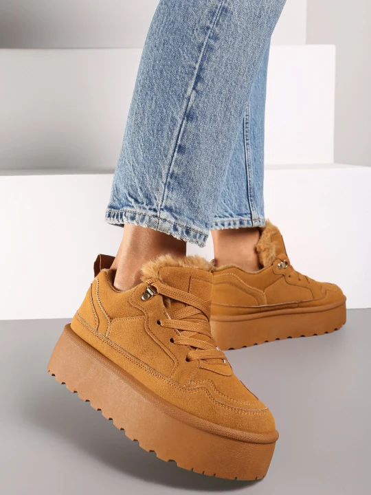Zdjęcie produktu Brązowe Sneakersy Vices w Stylu Śniegowców w Stylu Śniegowców na Platformie z Ozdobnym Futerkiem Nalirea