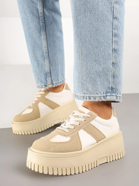 Zdjęcie produktu Ciemnobeżowe Sneakersy w Stylu Tenisówek na Platformie z Tłoczeniami Firreis Ideal Beżowy