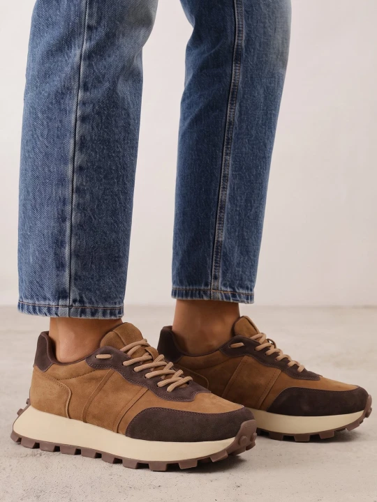 Zdjęcie produktu Brązowe Sneakersy ze Skóry Naturalnej na Grubej Podeszwie z Bieżnikiem Velie Goodin
