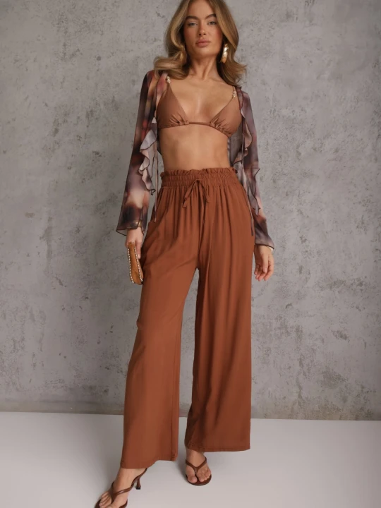 Zdjęcie produktu Brązowe Spodnie z Bawełny High Waist z Szerokimi Nogawkami i Gumką w Pasie Clisea Airisa