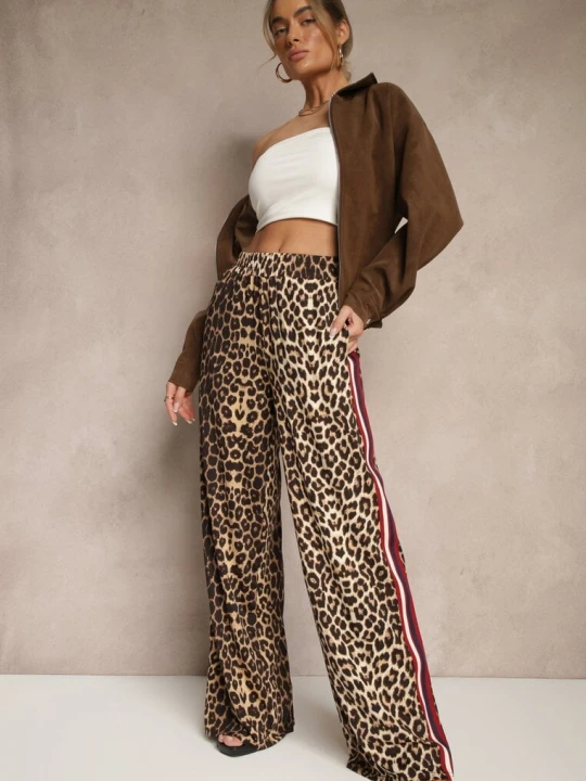 Zdjęcie produktu Brązowe Spodnie z Wiskozą High Waist o Szerokim Kroju z Lampasami Elosina By Swan