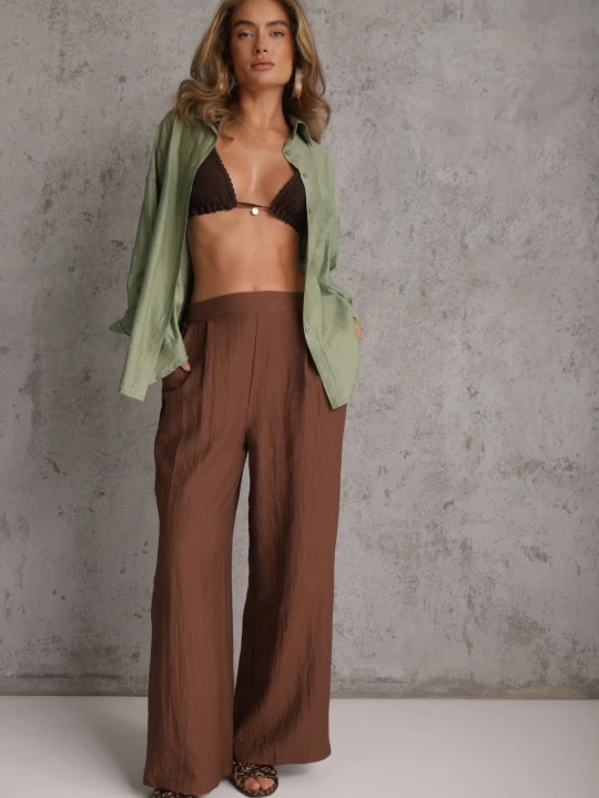 Zdjęcie produktu Brązowe Szerokie Spodnie Casual High Waist ze Strukturalnej Tkaniny Hyrarpia Melya By Melody