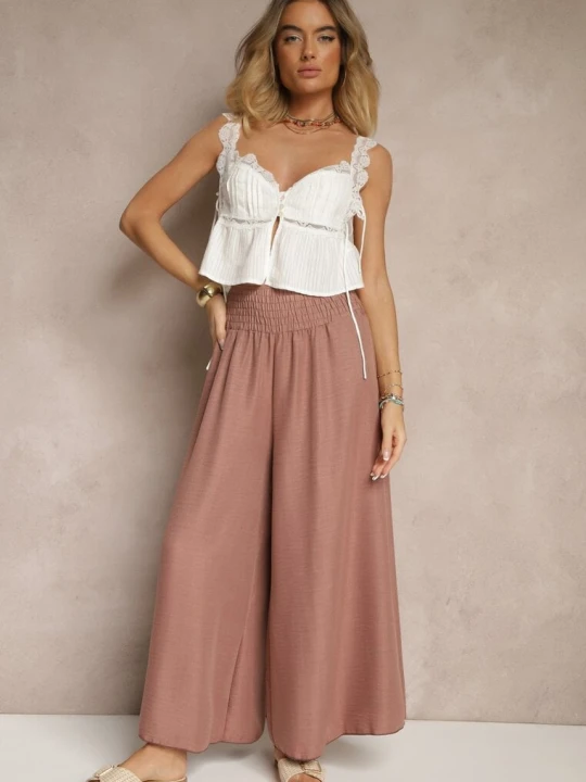 Zdjęcie produktu Brązowe Szerokie Spodnie High Waist z Elastycznymi Gumkami w Talii Varbia H&s