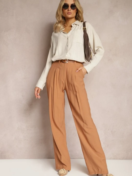 Zdjęcie produktu Brązowe Szerokie Spodnie Palazzo High Waist Neridana Miss Poem