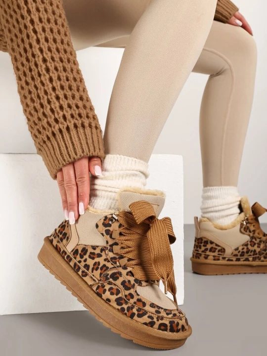 Zdjęcie produktu Brązowe Zimowe Sneakersy Vices Stylizowane na Śniegowce z Futerkiem i Wzorem w Panterkę Tennira