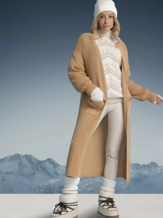 Zdjęcie produktu Brązowy Długi Kardigan o Luźnym Kroju Mostiura New Collection Beżowy