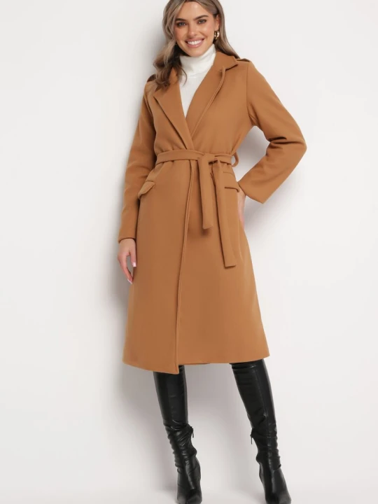 Zdjęcie produktu Ciemnobeżowy Długi Płaszcz Taliowany z Wiązanym Paskiem Seraphette New Collection Brązowy