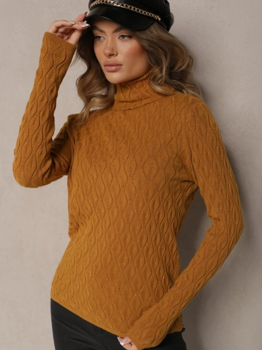 Zdjęcie produktu Brązowy Golf z Wiskozą w Tłoczony Wzór Przeszyty Metaliczną Nitką Neldora Wool Fashion