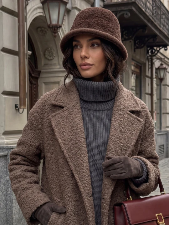 Zdjęcie produktu Brązowy Kapelusz Bucket Hat z Tkaniny Boucle Bejnia Versoli
