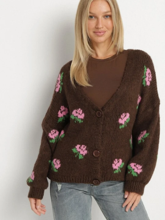 Zdjęcie produktu Brązowy Kardigan Oversize z Domieszką Wełny w Kwiatowy Wzór Nelenea Jumelle