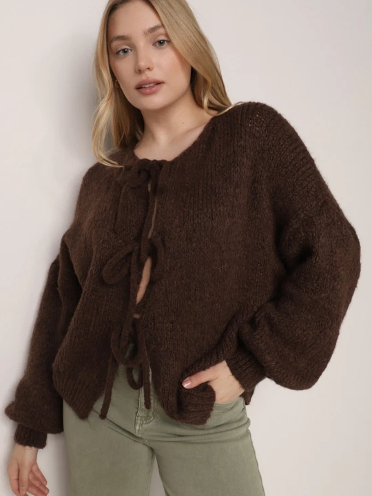 Zdjęcie produktu Brązowy Kardigan Oversize z Wełną Zdobiony Kokardkami Eleathalie Jumelle