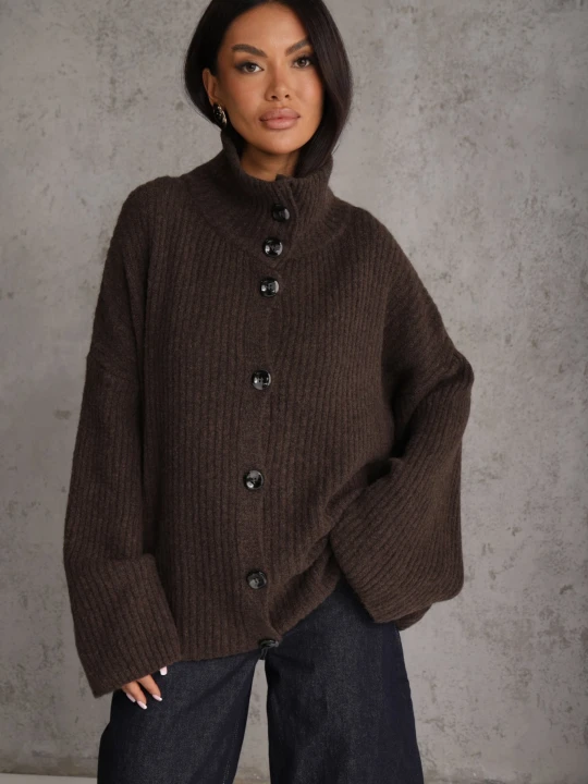 Zdjęcie produktu Brązowy Kardigan z Wełną ze Stójką Oversize Lornella Jumelle