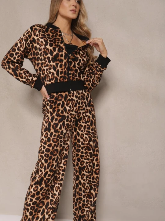Zdjęcie produktu Brązowy Komplet Dresowy w Panterkowy Print Bluza i Spodnie o Szerokim Kroju Sonariela Defox