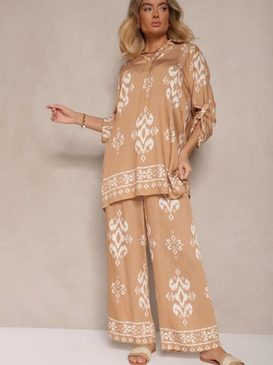 Zdjęcie produktu Brązowy Komplet z Wiskozą Koszula i Spodnie Zdobione Etnicznym Printem Mepina M&d Fashion