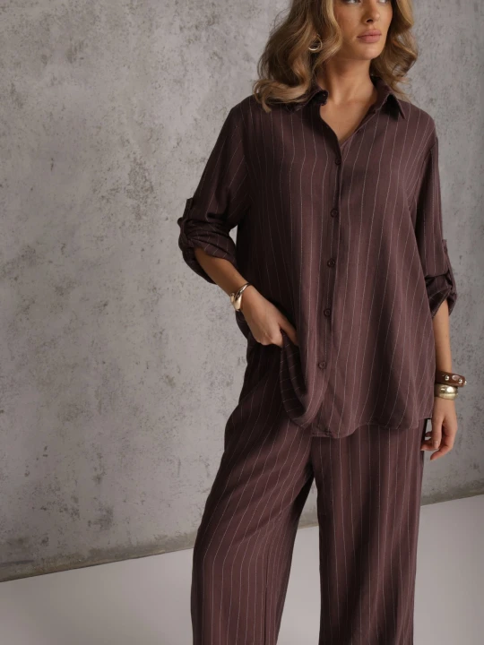 Zdjęcie produktu Brązowy Komplet z Wiskozy i Lnu w Delikatne Prążki Koszula i Spodnie Wide Leg Cliffesa M&d Fashion
