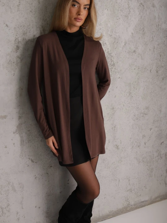 Zdjęcie produktu Brązowy Niezapinany Kardigan z Bawełny w Stylu Basic Kireal By Swan