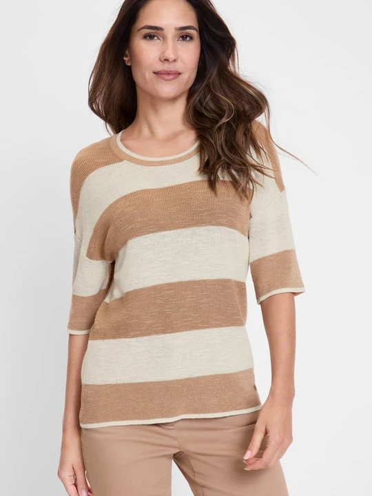 Zdjęcie produktu Brązowy sweter damski Cora w paski z krótkim rękawem – Relaxed Code Olsen