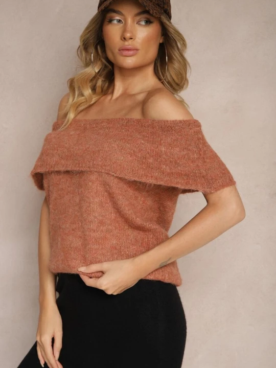 Zdjęcie produktu Brązowy Sweter Top z Hiszpańskim Wywijanym Dekoltem z Wełną Inarose Acajo
