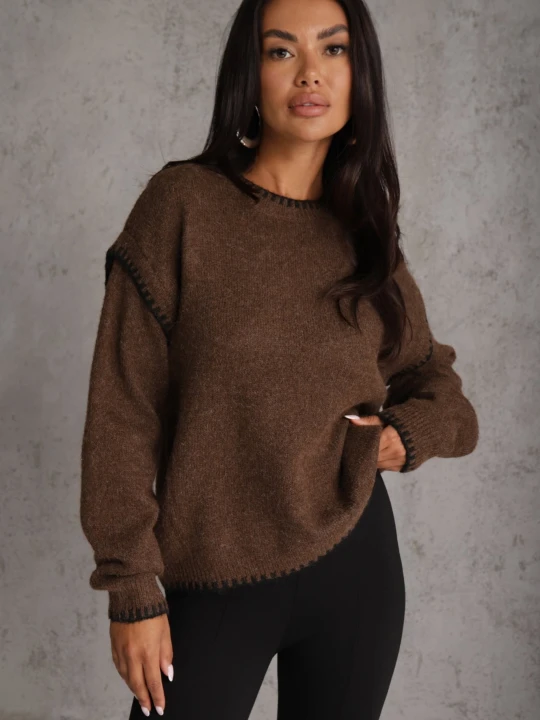 Zdjęcie produktu Brązowy Sweter z Bawełną i Wełną Ozdobiony Przeszyciami na Krawędziach Lavail J&x