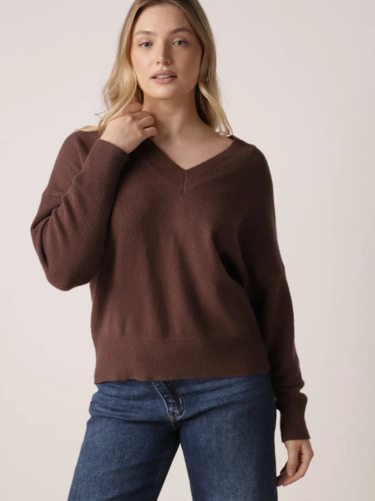 Zdjęcie produktu Brązowy Sweter z Dekoltem w V z Domieszką Kaszmiru Mariara Tandem
