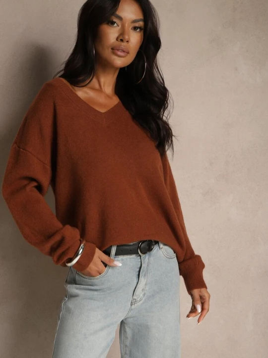Zdjęcie produktu Brązowy Gładki Sweter z Bawełną o Kroju Oversize Conime Elsa.m By May