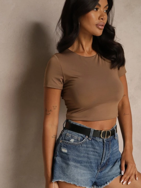 Zdjęcie produktu Brązowy T-shirt Cropped z Wiskozą Efranessa By Swan