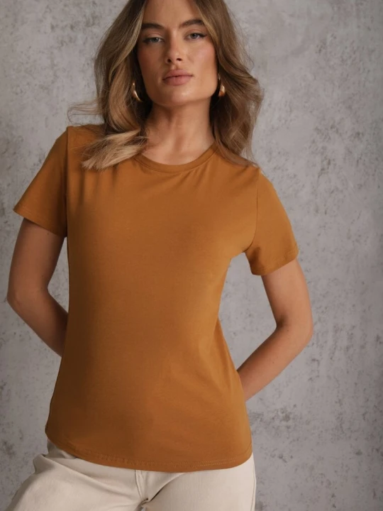 Zdjęcie produktu Brązowy T-shirt z Bawełny z Okrągłym Dekoltem Nedima J.style