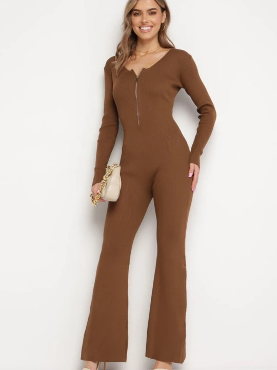 Zdjęcie produktu Brązowy Wiskozowy Kombinezon Bodycon z Prążkowaniem i Suwakiem Alnorema Elsa.m By May