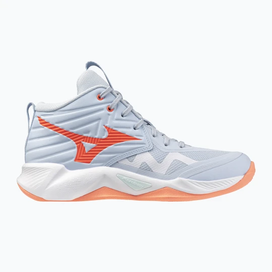 Zdjęcie produktu Buty do siatkówki damskie Mizuno Wave Momentum Pro Mid blue finch / lava orange / flamingo coral