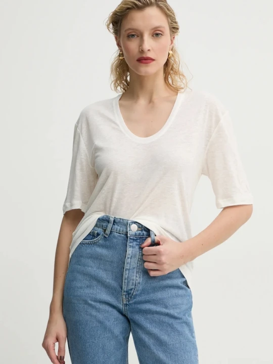Zdjęcie produktu By Malene Birger t-shirt z domieszką lnu AMARINGA beżowy