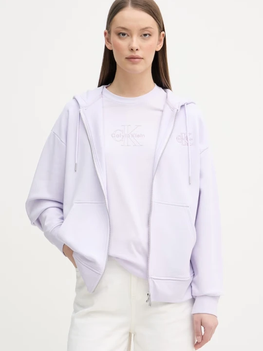 Zdjęcie produktu Calvin Klein Jeans bluza rozpinana z kapturem damska bawełniana fioletowy