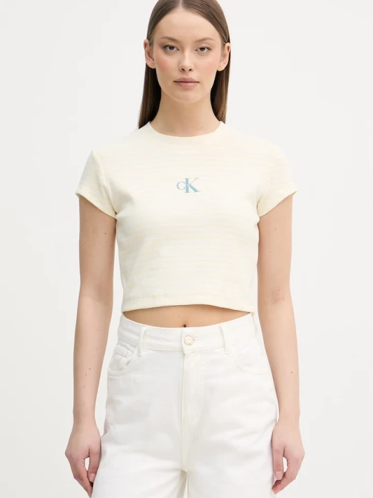 Zdjęcie produktu Calvin Klein Jeans crop top damski bawełniany z elastanem beżowy